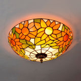 Blue/White Sunflower Tiffany Stained Glass Flush Mount Ceiling Light With 2/3 Bulbs - 12/16 W