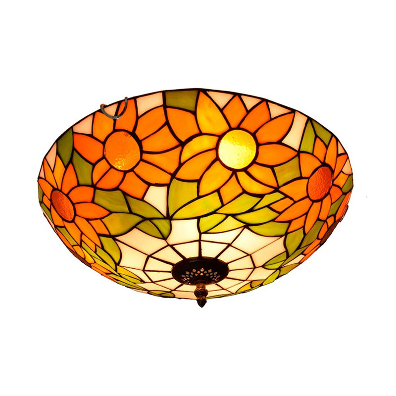 Blue/White Sunflower Tiffany Stained Glass Flush Mount Ceiling Light With 2/3 Bulbs - 12/16 W