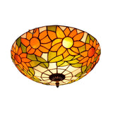 Blue/White Sunflower Tiffany Stained Glass Flush Mount Ceiling Light With 2/3 Bulbs - 12/16 W