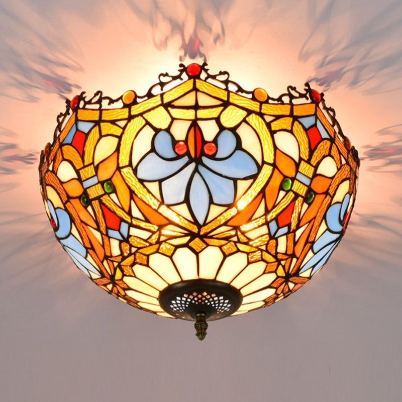 Blue Hand Cut Glass Ceiling Mount Light Scalloped Baroque Design 12/16 Width 2/3 Lights