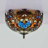 Blue Hand Cut Glass Ceiling Mount Light Scalloped Baroque Design 12/16 Width 2/3 Lights