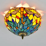 Tiffany Dragonfly Flush Mount - Handcrafted Stained Glass Ceiling Lamp With Brass Finish