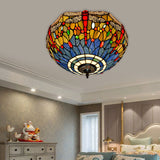 Tiffany Dragonfly Stained Glass Ceiling Lamp - Flush Mount Fixture In Red/Yellow/Orange Perfect For