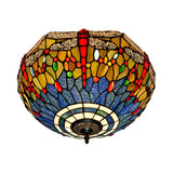Tiffany Dragonfly Stained Glass Ceiling Lamp - Flush Mount Fixture In Red/Yellow/Orange Perfect For