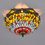 Tiffany Dragonfly Stained Glass Ceiling Lamp - Flush Mount Fixture In Red/Yellow/Orange Perfect For
