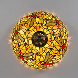 Tiffany-Style Dragonfly Cut Glass Ceiling Lamp - Bronze Flush Mount With 3 Heads Elegant Light