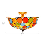 Tiffany-Style Stained Art Glass Semi Flush Mount Lighting - Circle Ceiling 5 Heads Brass Finish