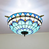 Handcrafted Baroque Dome Semi Flush Mount Stained Glass Ceiling Lamp - 5 Bulbs White/Blue 21.5/25.5