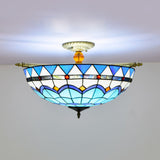 Handcrafted Baroque Dome Semi Flush Mount Stained Glass Ceiling Lamp - 5 Bulbs White/Blue 21.5/25.5
