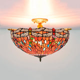Tiffany-Style Dragonfly Stained Art Glass Ceiling Flush Mount With 5 Red/Blue Heads