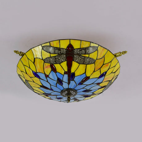 Tiffany Style Dragonfly Ceiling Fixture - Stained Glass 5-Light Semi Flush Mount Elegant Brass Décor
