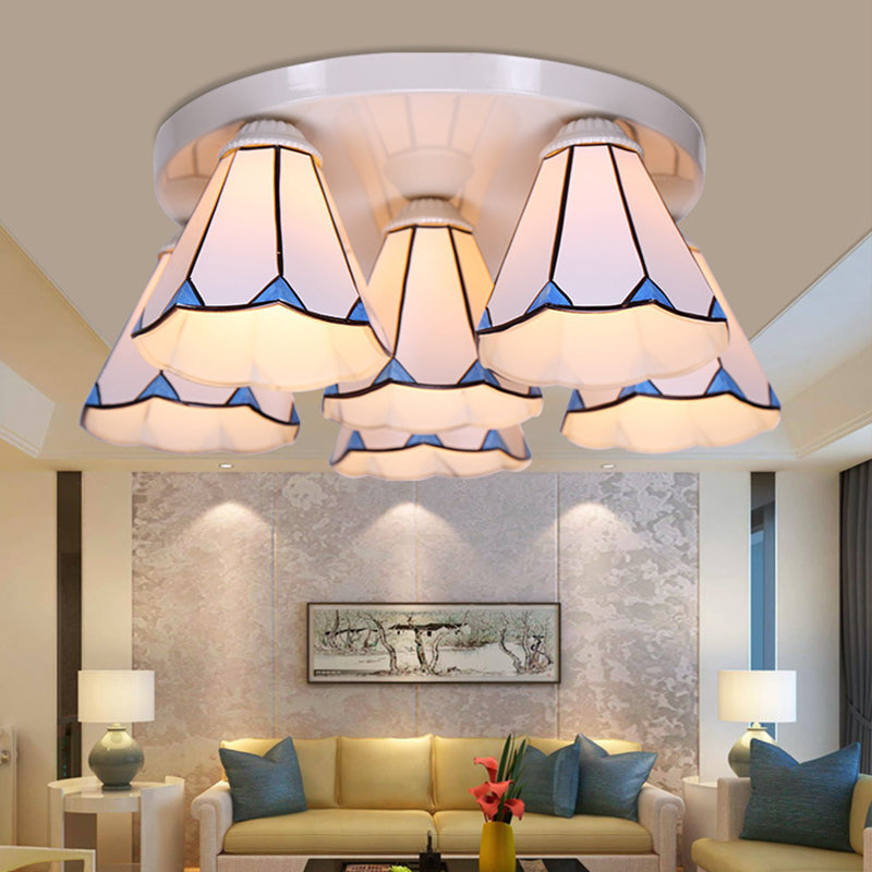 Blue Stained Glass Tiffany Ceiling Lamp For Living Room - Leaf/Stripes Flush Mount With 3/6 Lights 6
