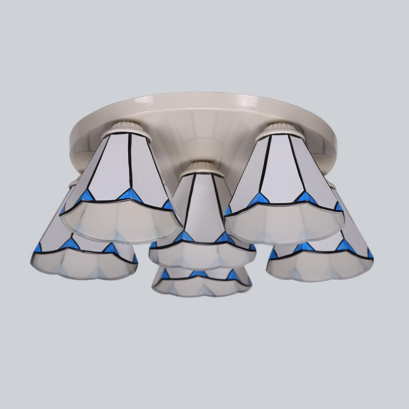 Blue Stained Glass Tiffany Ceiling Lamp For Living Room - Leaf/Stripes Flush Mount With 3/6 Lights