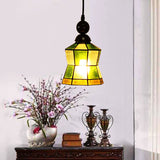 Tiffany Style Green Frosted Glass Geometric Pendant Light For Bedroom