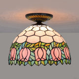 Tiffany-Style Stained Glass Floral Ceiling Fixture: Bronze Flush Mount With Single Bulb