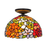 Tiffany-Style Stained Glass Floral Ceiling Fixture: Bronze Flush Mount With Single Bulb