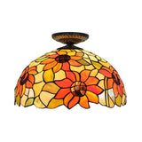 Sunflower Tiffany Stained Glass Ceiling Lamp - 1 Light Brass Flush Mount