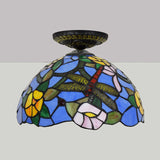 Tiffany Dragonfly Flush Mount Lamp - Stained Glass Close To Ceiling Lighting Fixture In Brass