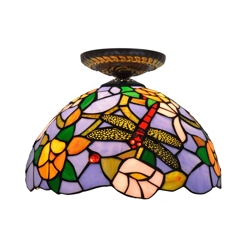 Tiffany Dragonfly Flush Mount Lamp - Stained Glass Close To Ceiling Lighting Fixture In Brass