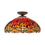 Tiffany-Style Dragonfly Cut Glass Ceiling Lamp - Brass Flush Mount Light Fixture 16/18 Width