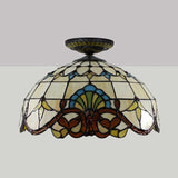 Tiffany Hand Rolled Art Glass Floral Flush Mount Light With Yellow/Blue Shade 12/16 W