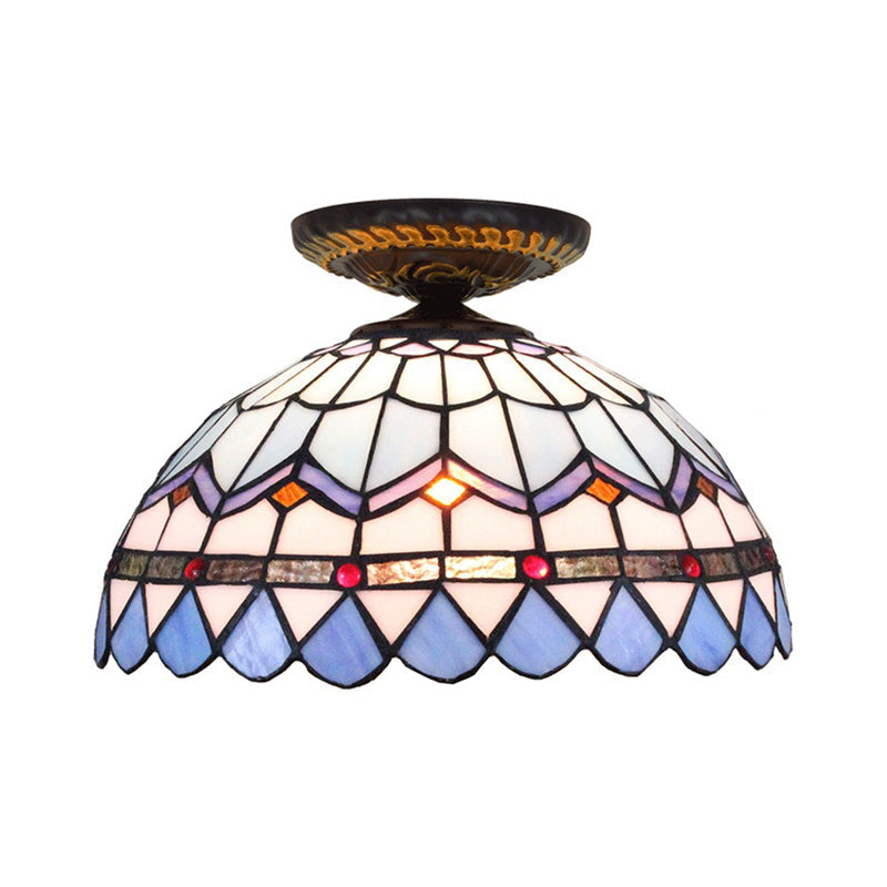 Tiffany Hand Rolled Art Glass Floral Flush Mount Light With Yellow/Blue Shade 12/16 W