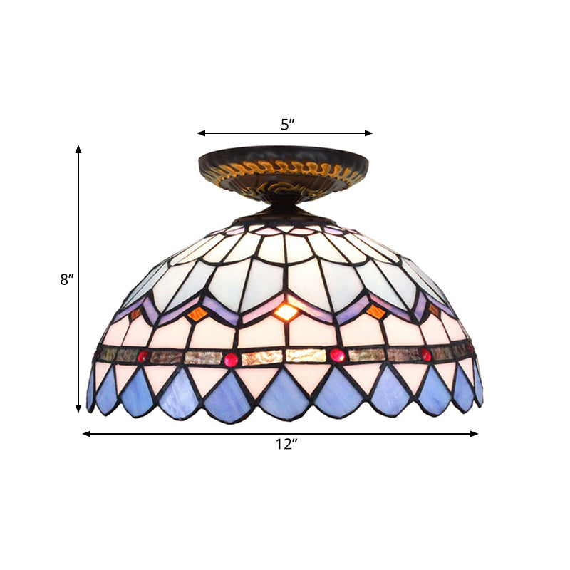 Tiffany Hand Rolled Art Glass Floral Flush Mount Light With Yellow/Blue Shade 12/16 W