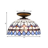 Tiffany Hand Rolled Art Glass Floral Flush Mount Light With Yellow/Blue Shade 12/16 W