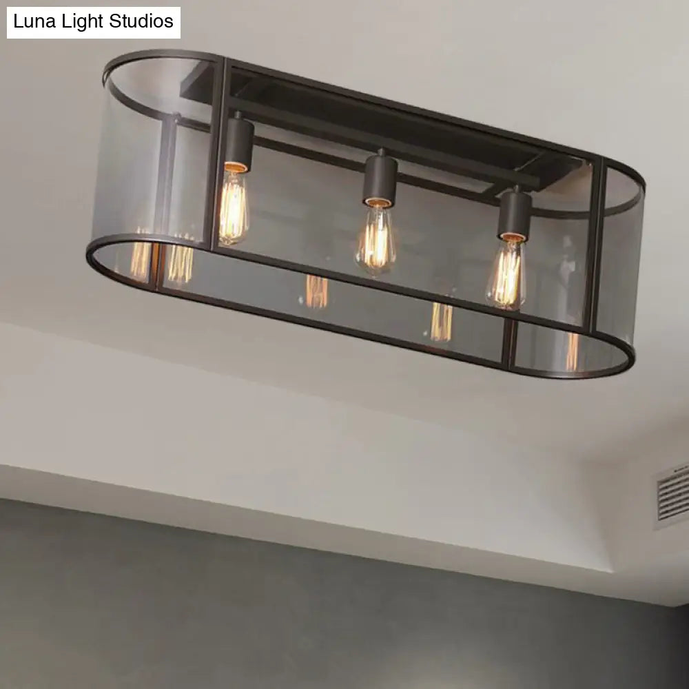 3 - Head Flush Mount Light: Metal Warehouse Corridor Lighting With Oval Clear Glass Shade In