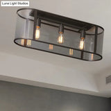 3 - Head Flush Mount Light: Metal Warehouse Corridor Lighting With Oval Clear Glass Shade In