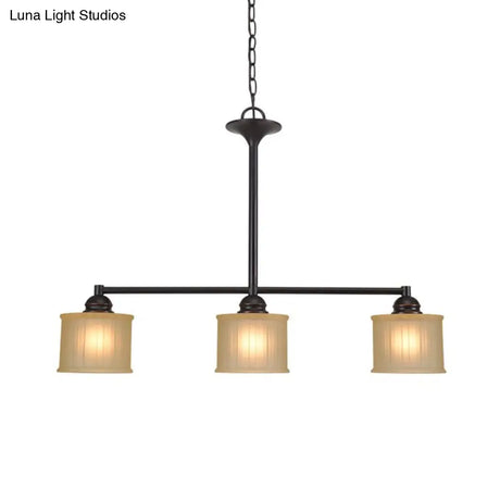 3-Head Glass Pendant Light With Linear Hanging Lamp - Traditional Style Cylinder Shade Black Color