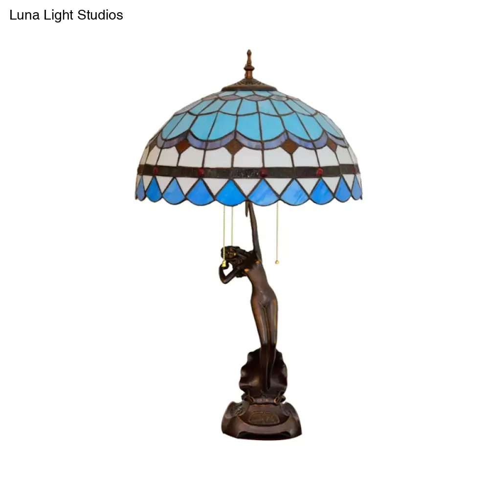 3-Head Mediterranean Spikelet & Blue/White Glass Nightstand Lamp With Pull Chain