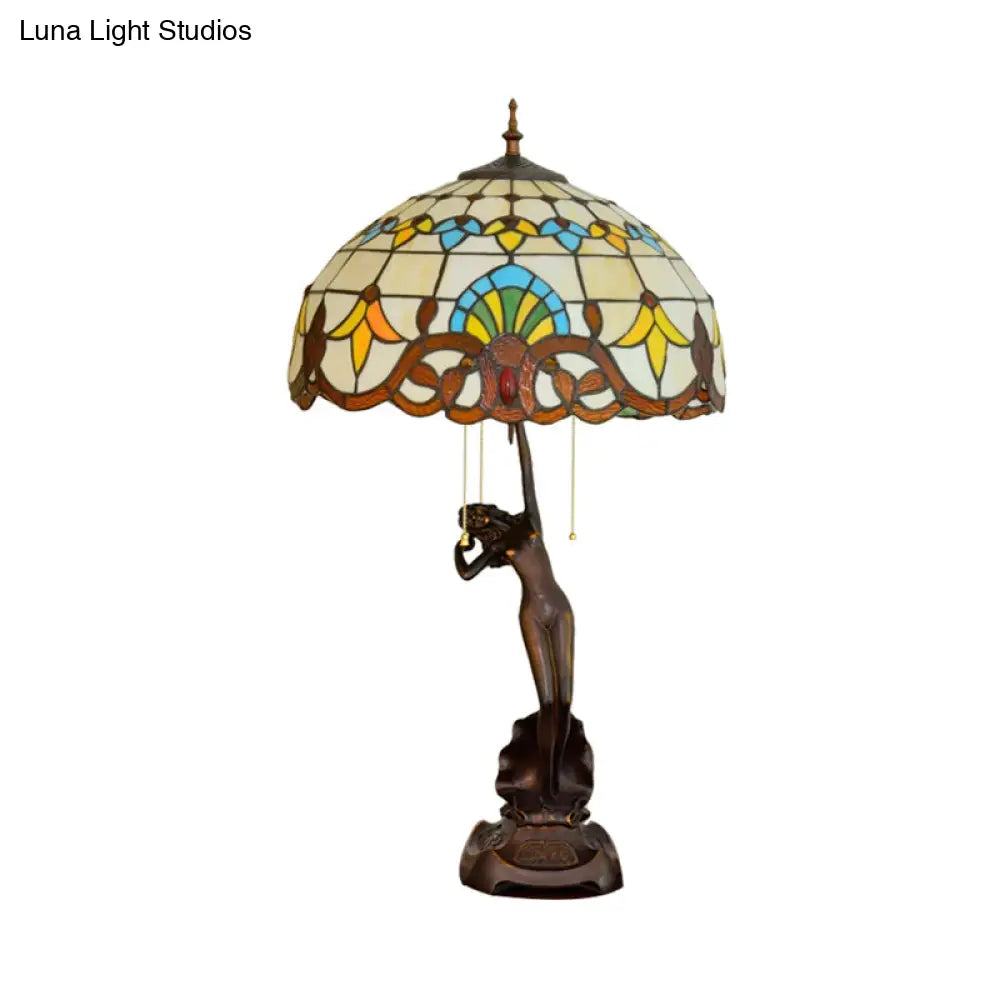 3-Head Mediterranean Spikelet & Blue/White Glass Nightstand Lamp With Pull Chain