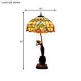 3-Head Mediterranean Spikelet & Blue/White Glass Nightstand Lamp With Pull Chain