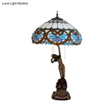 3-Head Mediterranean Spikelet & Blue/White Glass Nightstand Lamp With Pull Chain