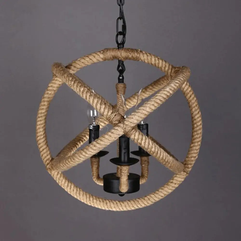 Beige Factory Globe Chandelier Lamp - 3 Heads Pendant Lighting Fixture With Hemp Rope