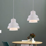Modern White Pendant Light With Flared Metal Shade - Bedroom Lighting Fixture