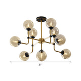 Modernist Amber Glass Semi Flush Ceiling Mount Light Fixture - Brass 9/13 Bulbs