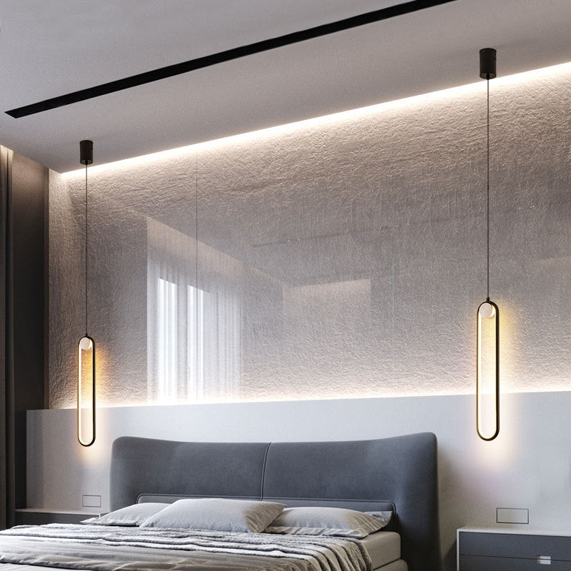 Minimalist Led Oval Metallic Pendulum Pendant In Natural Light - Black Hanging Ceiling