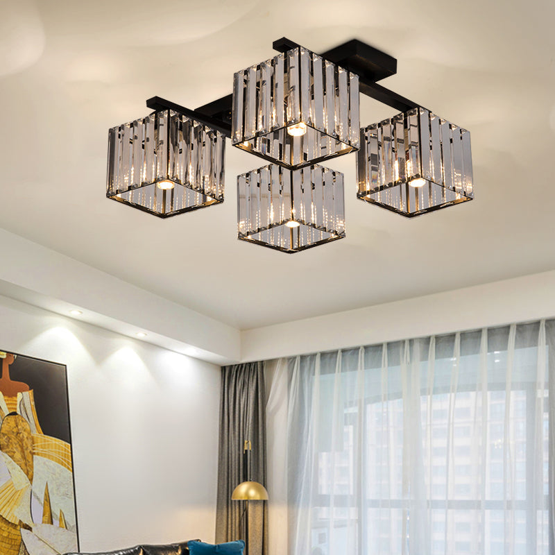 Square Crystal Rod Ceiling Light Fixture - Modern Semi Flush Mount With Tri-Sided Design (4/6/9