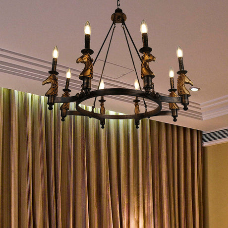 Brass Industrial Wagon Wheel Chandelier With 8 Lights - Pendant Lighting For Dining Room
