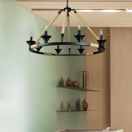 Farmhouse Candle Chandelier - 8 Light Metal Ceiling Fixture For Living Room In Black