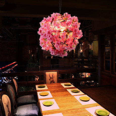 Vintage Pink Metal Pendant Lamp With Floral Decoration - 1-Light Globe Fixture