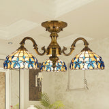 Blue 3-Head Semi Flush Ceiling Light Fixture With Hand-Cut Mediterranean Glass Bowl