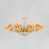 Tiffany Gold/White Stained Glass Semi Flush Mount Ceiling Light - Grid Pattern 11 Heads Gold