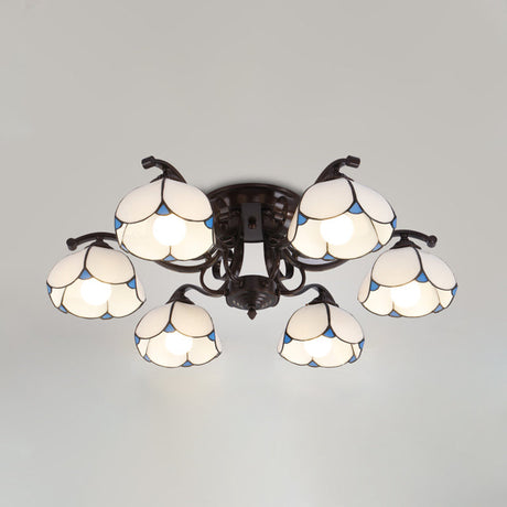 Tiffany Stained Glass Ceiling Lamp: Scalloped Design With Multiple Heads - Gray/White/Blue Flush