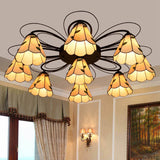 Mediterranean Stained Glass Semi-Flush Mount Light Fixture With Yellow/Blue Cone Design (3/7/9