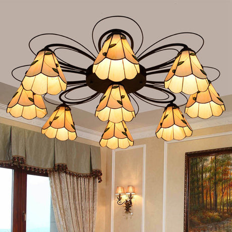 Mediterranean Stained Glass Semi-Flush Mount Light Fixture With Yellow/Blue Cone Design (3/7/9