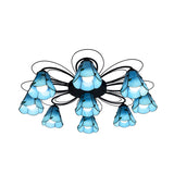 Mediterranean Stained Glass Semi-Flush Mount Light Fixture With Yellow/Blue Cone Design (3/7/9