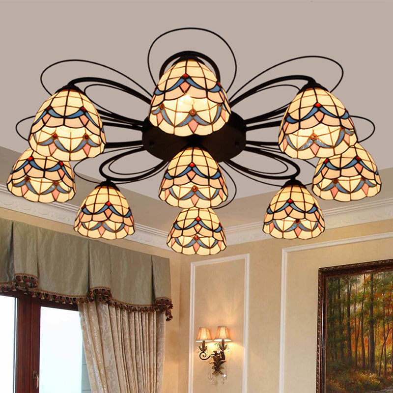 Tiffany Stained Glass Ceiling Mounted Light Bowl - Yellow 3/7/9 Heads Semi-Flush Fixture 9 /